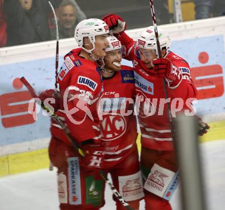 EBEL. Eishockey Bundesliga. KAC gegen	EC Red Bull Salzburg. Torjubel Johannes Bischofberger, Petter Hansson, Clemens Unterweger (KAC). Klagenfurt, am 22.9.2019.
Foto: Kuess
www.qspictures.net

---
pressefotos, pressefotografie, kuess, qs, qspictures, sport, bild, bilder, bilddatenbank