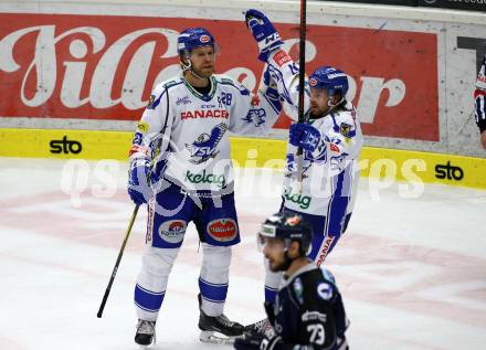 EBEL. Eishockey Bundesliga. EC VSV gegen Hydro Fehervar AV 19.  Torjubel Patrick Bjorkstrand, Christof Wappis (VSV). Villach, am 27.9.2019.
Foto: Kuess
www.qspictures.net
---
pressefotos, pressefotografie, kuess, qs, qspictures, sport, bild, bilder, bilddatenbank