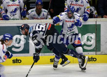 EBEL. Eishockey Bundesliga. EC VSV gegen Hydro Fehervar AV 19.  Markus Schlacher,  (VSV), Andrew Sarauer (Alba Volan). Villach, am 27.9.2019.
Foto: Kuess
www.qspictures.net
---
pressefotos, pressefotografie, kuess, qs, qspictures, sport, bild, bilder, bilddatenbank