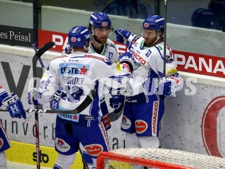 EBEL. Eishockey Bundesliga. EC VSV gegen Hydro Fehervar AV 19.  Torjubel Chris Collins, Nico Brunner, Martin Ulmer (VSV). Villach, am 27.9.2019.
Foto: Kuess
www.qspictures.net
---
pressefotos, pressefotografie, kuess, qs, qspictures, sport, bild, bilder, bilddatenbank