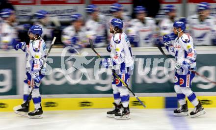 EBEL. Eishockey Bundesliga. EC VSV gegen Hydro Fehervar AV 19.  Torjubel Martin Ulmer, Chris Collins, Nico Brunner,   (VSV). Villach, am 27.9.2019.
Foto: Kuess
www.qspictures.net
---
pressefotos, pressefotografie, kuess, qs, qspictures, sport, bild, bilder, bilddatenbank