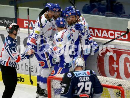 EBEL. Eishockey Bundesliga. EC VSV gegen Hydro Fehervar AV 19. Torjubel Chris Collins, Nico Brunner, Martin Ulmer, Alen Bibic, Bernd Wolf  (VSV). Villach, am 27.9.2019.
Foto: Kuess
www.qspictures.net
---
pressefotos, pressefotografie, kuess, qs, qspictures, sport, bild, bilder, bilddatenbank