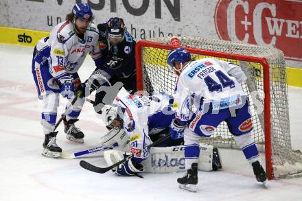 EBEL. Eishockey Bundesliga. EC VSV gegen Hydro Fehervar AV 19.  Chris Collins, Maxwell Brandon, Jamie Fraser,  (VSV), Csanad Erdely (Alba Volan). Villach, am 27.9.2019.
Foto: Kuess
www.qspictures.net
---
pressefotos, pressefotografie, kuess, qs, qspictures, sport, bild, bilder, bilddatenbank