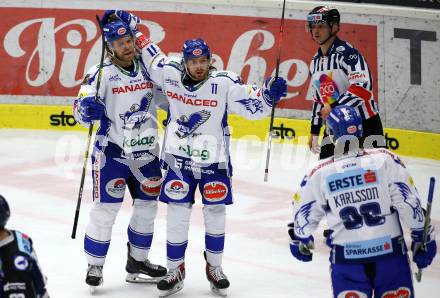 EBEL. Eishockey Bundesliga. EC VSV gegen Hydro Fehervar AV 19.  Torjubel Patrick Bjorkstrand, Christof Wappis, Anton Karlsson (VSV). Villach, am 27.9.2019.
Foto: Kuess
www.qspictures.net
---
pressefotos, pressefotografie, kuess, qs, qspictures, sport, bild, bilder, bilddatenbank