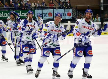 EBEL. Eishockey Bundesliga. EC VSV gegen Hydro Fehervar AV 19. Jubel   	Schlacher Markus, Lahoda Alexander, Brunner Nico, (VSV). Villach, am 27.9.2019.
Foto: Kuess
www.qspictures.net
---
pressefotos, pressefotografie, kuess, qs, qspictures, sport, bild, bilder, bilddatenbank