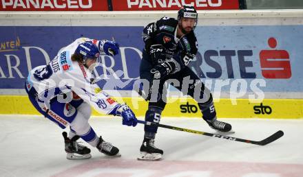 EBEL. Eishockey Bundesliga. EC VSV gegen Hydro Fehervar AV 19.  Chris Collins, (VSV), Andrew Sarauer (Alba Volan). Villach, am 27.9.2019.
Foto: Kuess
www.qspictures.net
---
pressefotos, pressefotografie, kuess, qs, qspictures, sport, bild, bilder, bilddatenbank