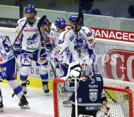 EBEL. Eishockey Bundesliga. EC VSV gegen Hydro Fehervar AV 19. Torjubel Chris Collins, Nico Brunner, Martin Ulmer, Alen Bibic, Bernd Wolf  (VSV). Villach, am 27.9.2019.
Foto: Kuess
www.qspictures.net
---
pressefotos, pressefotografie, kuess, qs, qspictures, sport, bild, bilder, bilddatenbank