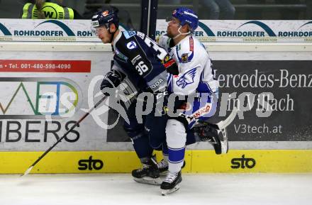 EBEL. Eishockey Bundesliga. EC VSV gegen Hydro Fehervar AV 19.  Marko Peyheonen,  (VSV), Csanad Erdely (Alba Volan). Villach, am 27.9.2019.
Foto: Kuess
www.qspictures.net
---
pressefotos, pressefotografie, kuess, qs, qspictures, sport, bild, bilder, bilddatenbank