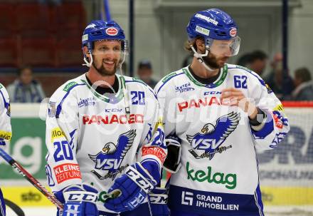 EBEL. Eishockey Bundesliga. EC VSV gegen Hydro Fehervar AV 19. Nico Brunner, Patrick Bjorkstrand  (VSV). Villach, am 27.9.2019.
Foto: Kuess
www.qspictures.net
---
pressefotos, pressefotografie, kuess, qs, qspictures, sport, bild, bilder, bilddatenbank