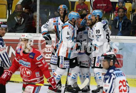 EBEL. Eishockey Bundesliga. KAC gegen	EHC Liwest Black Wings Linz.  Torjubel Florek Justin, Finn Matthew Nicholas, Kragl Gerd, Cijan Alexander, Pusnik Julian  (Linz). Klagenfurt, am 29.9.2019.
Foto: Kuess
www.qspictures.net

---
pressefotos, pressefotografie, kuess, qs, qspictures, sport, bild, bilder, bilddatenbank