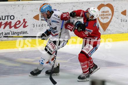 EBEL. Eishockey Bundesliga. KAC gegen	EHC Liwest Black Wings Linz. Thomas Koch,  (KAC)  Finn Matthew Nicholas (Linz). Klagenfurt, am 29.9.2019.
Foto: Kuess
www.qspictures.net

---
pressefotos, pressefotografie, kuess, qs, qspictures, sport, bild, bilder, bilddatenbank