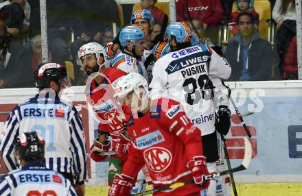 EBEL. Eishockey Bundesliga. KAC gegen	EHC Liwest Black Wings Linz.  Torjubel Florek Justin, Finn Matthew Nicholas, Kragl Gerd, Cijan Alexander, Pusnik Julian  (Linz). Klagenfurt, am 29.9.2019.
Foto: Kuess
www.qspictures.net

---
pressefotos, pressefotografie, kuess, qs, qspictures, sport, bild, bilder, bilddatenbank