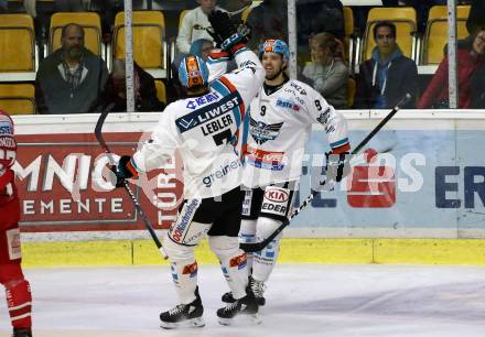 EBEL. Eishockey Bundesliga. KAC gegen	EHC Liwest Black Wings Linz. Torjubel Lebler Brian, Schofield Rick (Linz). Klagenfurt, am 29.9.2019.
Foto: Kuess
www.qspictures.net

---
pressefotos, pressefotografie, kuess, qs, qspictures, sport, bild, bilder, bilddatenbank