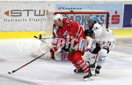 EBEL. Eishockey Bundesliga. KAC gegen	EHC Liwest Black Wings Linz. Nicholas Eric Petersen, (KAC), 	Roach Josh (Linz). Klagenfurt, am 29.9.2019.
Foto: Kuess
www.qspictures.net

---
pressefotos, pressefotografie, kuess, qs, qspictures, sport, bild, bilder, bilddatenbank