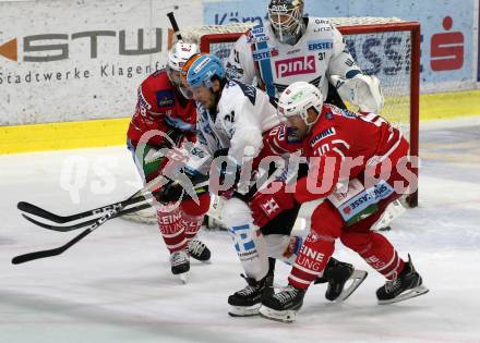 EBEL. Eishockey Bundesliga. KAC gegen	EHC Liwest Black Wings Linz. Andrew Jacob KOzek, Thomas Koch, (KAC), Roach Josh, David Kickert  (Linz). Klagenfurt, am 29.9.2019.
Foto: Kuess
www.qspictures.net

---
pressefotos, pressefotografie, kuess, qs, qspictures, sport, bild, bilder, bilddatenbank