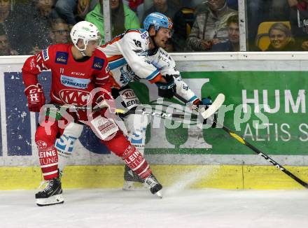 EBEL. Eishockey Bundesliga. KAC gegen	EHC Liwest Black Wings Linz. Haudum Lukas (KAC),  Florek Justin (Linz). Klagenfurt, am 29.9.2019.
Foto: Kuess
www.qspictures.net

---
pressefotos, pressefotografie, kuess, qs, qspictures, sport, bild, bilder, bilddatenbank