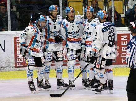 EBEL. Eishockey Bundesliga. KAC gegen	EHC Liwest Black Wings Linz.  Torjubel Matzka Moritz, Schofield Rick, Lebler Brian, Roach Josh, DaSilva Dan  (Linz). Klagenfurt, am 29.9.2019.
Foto: Kuess
www.qspictures.net

---
pressefotos, pressefotografie, kuess, qs, qspictures, sport, bild, bilder, bilddatenbank