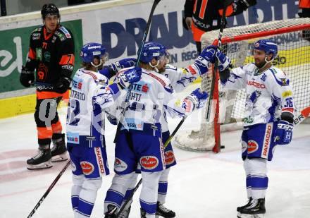 EBEL. Eishockey Bundesliga. EC VSV gegen Moser Medical Graz99ers.   Torjubel Patrick Bjorkstrand, Marko Poeyhoenen, Miika Lahti, Jerry Pollastrone (VSV). Villach, am 13.10.2019.
Foto: Kuess
www.qspictures.net
---
pressefotos, pressefotografie, kuess, qs, qspictures, sport, bild, bilder, bilddatenbank