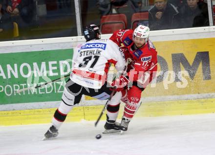 EBEL. Eishockey Bundesliga. KAC gegen	HC Orli Znojmo. Manuel Ganahl,  (KAC), Jakub Stehlik (Znojmo). Klagenfurt, am 25.10.2019.
Foto: Kuess
www.qspictures.net

---
pressefotos, pressefotografie, kuess, qs, qspictures, sport, bild, bilder, bilddatenbank