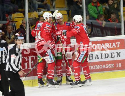 EBEL. Eishockey Bundesliga. KAC gegen	HC Orli Znojmo. Torjubel Johannes Bischofberger, Thomas Hundertpfund, Adam Comrie, David Fischer (KAC). Klagenfurt, am 25.10.2019.
Foto: Kuess
www.qspictures.net

---
pressefotos, pressefotografie, kuess, qs, qspictures, sport, bild, bilder, bilddatenbank