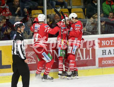 EBEL. Eishockey Bundesliga. KAC gegen	HC Orli Znojmo. Torjubel Johannes Bischofberger, Thomas Hundertpfund, Adam Comrie, (KAC). Klagenfurt, am 25.10.2019.
Foto: Kuess
www.qspictures.net

---
pressefotos, pressefotografie, kuess, qs, qspictures, sport, bild, bilder, bilddatenbank