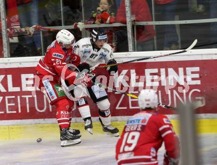 EBEL. Eishockey Bundesliga. KAC gegen	HC Orli Znojmo. Manuel Geier,  (KAC), Ondrej Miklis (Znojmo). Klagenfurt, am 25.10.2019.
Foto: Kuess
www.qspictures.net

---
pressefotos, pressefotografie, kuess, qs, qspictures, sport, bild, bilder, bilddatenbank