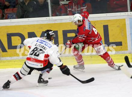 EBEL. Eishockey Bundesliga. KAC gegen	HC Orli Znojmo. Johannes Bischofberger, (KAC), Anthony Luciani  (Znojmo). Klagenfurt, am 25.10.2019.
Foto: Kuess
www.qspictures.net

---
pressefotos, pressefotografie, kuess, qs, qspictures, sport, bild, bilder, bilddatenbank