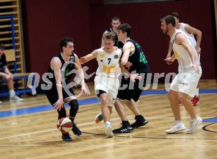 Basketball Zweite Liga 2019/2020. Grunddurchgang 6. Runde. Woerthersee Piraten gegen Deutsch Wagram Alligators. Lukas Simoner (Piraten),  Paul Rotter, Martin Wustinger (Alligators). Klagenfurt, am 26.10.2019.
Foto: Kuess
www.qspictures.net

---
pressefotos, pressefotografie, kuess, qs, qspictures, sport, bild, bilder, bilddatenbank