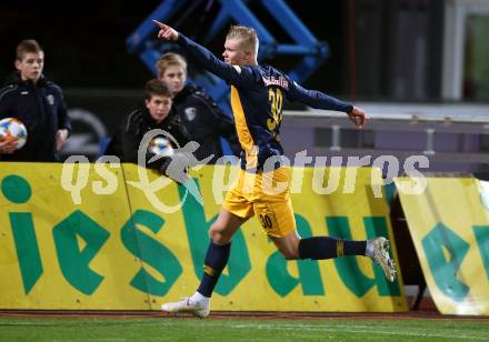 Fussball Bundesliga. RZ Pellets WAC gegen FC Red Bull Salzburg.  Torjubel Erling Braut Haland   (Salzburg). Wolfsberg, am 10.11.2019.
Foto: Kuess
www.qspictures.net

---
pressefotos, pressefotografie, kuess, qs, qspictures, sport, bild, bilder, bilddatenbank