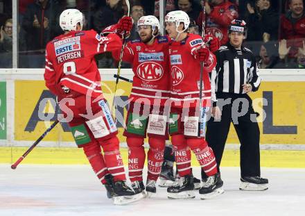 EBEL. Eishockey Bundesliga. KAC gegen	Vienna Capitals. Torjubel Clemens Unterweger,  Nicholas Eric Petersen, Daniel Obersteiner, (KAC). Klagenfurt, am 15.11.2019.
Foto: Kuess
www.qspictures.net

---
pressefotos, pressefotografie, kuess, qs, qspictures, sport, bild, bilder, bilddatenbank