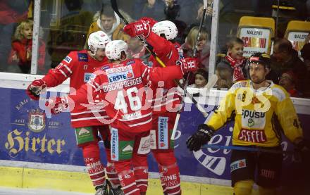 EBEL. Eishockey Bundesliga. KAC gegen	Vienna Capitals. Torjubel Manuel Ganahl, Johannes Bischofberger, Thomas Hundertpfund,  (KAC). Klagenfurt, am 15.11.2019.
Foto: Kuess
www.qspictures.net

---
pressefotos, pressefotografie, kuess, qs, qspictures, sport, bild, bilder, bilddatenbank