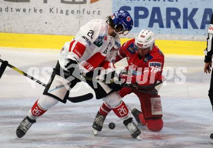 EBEL. Eishockey Bundesliga. KAC gegen HC TWK Innsbruck. Siim Liivik,  (KAC), Joel Broda (HC Innsbruck). Klagenfurt, am 17.11.2019.
Foto: Kuess
www.qspictures.net

---
pressefotos, pressefotografie, kuess, qs, qspictures, sport, bild, bilder, bilddatenbank