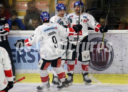 EBEL. Eishockey Bundesliga. KAC gegen HC TWK Innsbruck. Torjubel John Lammers, Michael Boivin, Joel Broda (HC Innsbruck). Klagenfurt, am 17.11.2019.
Foto: Kuess
www.qspictures.net

---
pressefotos, pressefotografie, kuess, qs, qspictures, sport, bild, bilder, bilddatenbank