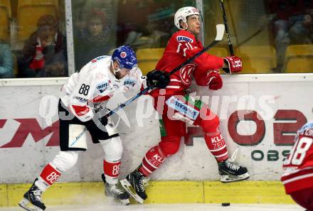 EBEL. Eishockey Bundesliga. KAC gegen HC TWK Innsbruck. Lukas Haudum (KAC), Miha Zajc (HC Innsbruck). Klagenfurt, am 17.11.2019.
Foto: Kuess
www.qspictures.net

---
pressefotos, pressefotografie, kuess, qs, qspictures, sport, bild, bilder, bilddatenbank