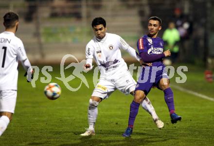 Fussball 2. Liga. SK Austria Klagenfurt gegen Young Violets Austria Wien. Maximiliano Moreira Romero,  (Austria Klagenfurt), Anouar El Moukhantir  (Young Violets Austria Wien). Klagenfurt, am 22.11.2019.
Foto: Kuess
www.qspictures.net
---
pressefotos, pressefotografie, kuess, qs, qspictures, sport, bild, bilder, bilddatenbank