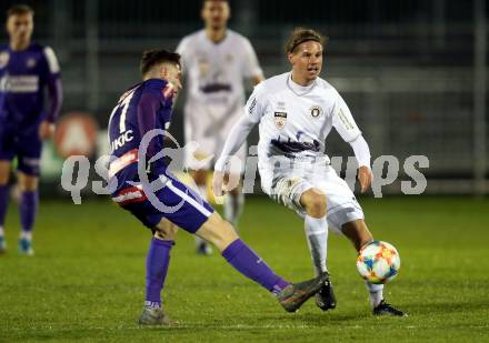 Fussball 2. Liga. SK Austria Klagenfurt gegen Young Violets Austria Wien. Patrick Greil,  (Austria Klagenfurt), Aleksandar Jukic (Young Violets Austria Wien). Klagenfurt, am 22.11.2019.
Foto: Kuess
www.qspictures.net
---
pressefotos, pressefotografie, kuess, qs, qspictures, sport, bild, bilder, bilddatenbank