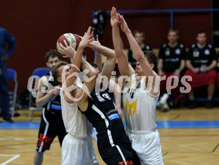 Basketball Zweite Liga 2019/2020. Grunddurchgang 11. Runde. Woerthersee Piraten gegen Mattersburg Rocks. Lukas Simoner, Tevz Ruzic (Piraten),  Tobias Winkler (Mattersburg). Klagenfurt, am 23.11.2019.
Foto: Kuess
www.qspictures.net

---
pressefotos, pressefotografie, kuess, qs, qspictures, sport, bild, bilder, bilddatenbank