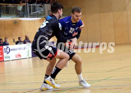 HLA. Handball Bundesliga. SC Kelag Ferlach gegen Sparkasse Schwaz Handball Tirol. Matic Kotar (Ferlach), Michael Miskovez (Schwaz). Ferlach, am 23.11.2019.
Foto: Kuess
---
pressefotos, pressefotografie, kuess, qs, qspictures, sport, bild, bilder, bilddatenbank