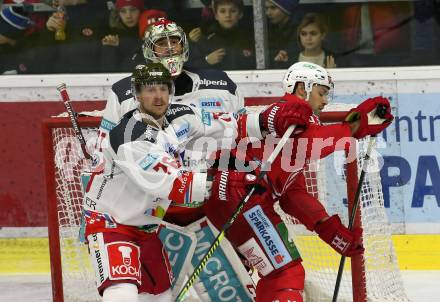 EBEL. Eishockey Bundesliga. KAC gegen	HCB Suedtirol Alperia. Andrew Jacob Kozek,  (KAC), Timothy Daly, Leland Irving (Bozen). Klagenfurt, am 24.11.2019.
Foto: Kuess
www.qspictures.net

---
pressefotos, pressefotografie, kuess, qs, qspictures, sport, bild, bilder, bilddatenbank