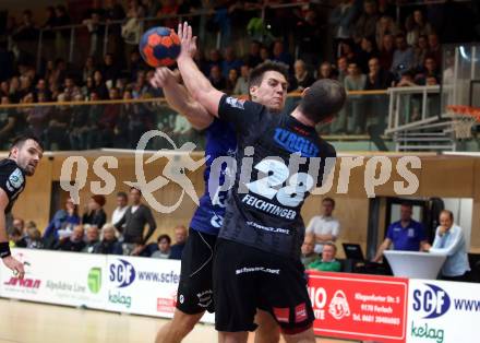 HLA. Handball Bundesliga. SC Kelag Ferlach gegen Sparkasse Schwaz Handball Tirol. Mladan Jovanovic (Ferlach),  Sebastian Feichtinger (Schwaz). Ferlach, am 23.11.2019.
Foto: Kuess
www.qspictures.net

---
pressefotos, pressefotografie, kuess, qs, qspictures, sport, bild, bilder, bilddatenbank