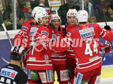 EBEL. Eishockey Bundesliga. KAC gegen	HCB Suedtirol Alperia. Torjubel Thomas Hundertpfund, Johannes Bischofberger, Manuel Ganahl, Adam Comrie, Clemens Unterweger (KAC). Klagenfurt, am 24.11.2019.
Foto: Kuess
www.qspictures.net

---
pressefotos, pressefotografie, kuess, qs, qspictures, sport, bild, bilder, bilddatenbank