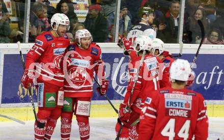 EBEL. Eishockey Bundesliga. KAC gegen	HCB Suedtirol Alperia. Torjubel Thomas Hundertpfund, Johannes Bischofberger, Manuel Ganahl, Adam Comrie (KAC). Klagenfurt, am 24.11.2019.
Foto: Kuess
www.qspictures.net

---
pressefotos, pressefotografie, kuess, qs, qspictures, sport, bild, bilder, bilddatenbank