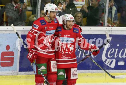 EBEL. Eishockey Bundesliga. KAC gegen	HCB Suedtirol Alperia. Torjubel Thomas Hundertpfund, Johannes Bischofberger (KAC). Klagenfurt, am 24.11.2019.
Foto: Kuess
www.qspictures.net

---
pressefotos, pressefotografie, kuess, qs, qspictures, sport, bild, bilder, bilddatenbank