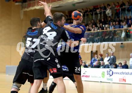 HLA. Handball Bundesliga. SC Kelag Ferlach gegen Sparkasse Schwaz Handball Tirol. Mladan Jovanovic (Ferlach),  Balthasar Huber, Dario Lochner (Schwaz). Ferlach, am 23.11.2019.
Foto: Kuess
www.qspictures.net

---
pressefotos, pressefotografie, kuess, qs, qspictures, sport, bild, bilder, bilddatenbank