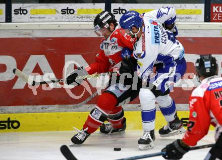 EBEL. Eishockey Bundesliga. EC VSV gegen HC Znojmo.  Kevin Schmidt,  (VSV), Aaron Berisha (Znojmo). Villach, am 29.11.2019.
Foto: Kuess
www.qspictures.net
---
pressefotos, pressefotografie, kuess, qs, qspictures, sport, bild, bilder, bilddatenbank