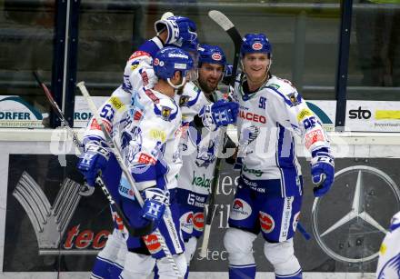 EBEL. Eishockey Bundesliga. EC VSV gegen HC Znojmo. Torjubel Jerry Pollastrone, Anton Karlsson, Kevin Schmidt, Alen Bibic  (VSV). Villach, am 29.11.2019.
Foto: Kuess
www.qspictures.net
---
pressefotos, pressefotografie, kuess, qs, qspictures, sport, bild, bilder, bilddatenbank