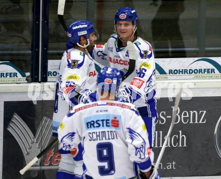 EBEL. Eishockey Bundesliga. EC VSV gegen HC Znojmo.  Torjubel Jerry Pollastrone, Anton Karlsson, Kevin Schmidt (VSV). Villach, am 29.11.2019.
Foto: Kuess
www.qspictures.net
---
pressefotos, pressefotografie, kuess, qs, qspictures, sport, bild, bilder, bilddatenbank