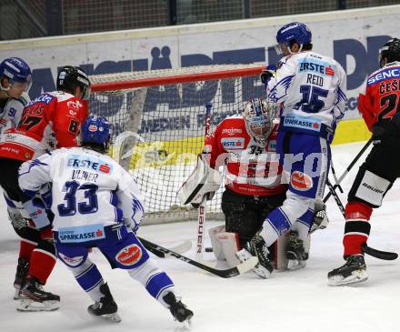 EBEL. Eishockey Bundesliga. EC VSV gegen HC Znojmo.  Brodie Reid, Martin Ulmer, Anton Karlsson (VSV), Teemu Tapio Lassila, Ondrej Miklis  (Znojmo). Villach, am 29.11.2019.
Foto: Kuess
www.qspictures.net
---
pressefotos, pressefotografie, kuess, qs, qspictures, sport, bild, bilder, bilddatenbank