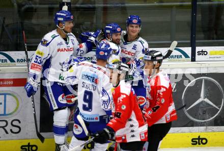 EBEL. Eishockey Bundesliga. EC VSV gegen HC Znojmo.  Torjubel Jerry Pollastrone, Anton Karlsson, Kevin Schmidt, Alen Bibic (VSV). Villach, am 29.11.2019.
Foto: Kuess
www.qspictures.net
---
pressefotos, pressefotografie, kuess, qs, qspictures, sport, bild, bilder, bilddatenbank