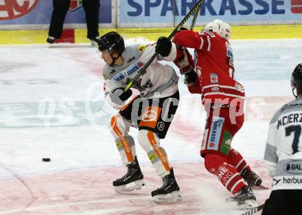 EBEL. Eishockey Bundesliga. KAC gegen	Dornbirn Bulldogs. Stefan Geier,  (KAC), Simeon Schwinger (Dornbirn). Klagenfurt, am 1.12.2019.
Foto: Kuess
www.qspictures.net

---
pressefotos, pressefotografie, kuess, qs, qspictures, sport, bild, bilder, bilddatenbank